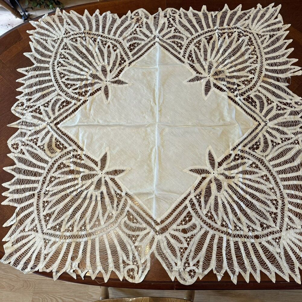 Antique Square Battenburg Lace Table Cloth 42” Square Hand Stitches